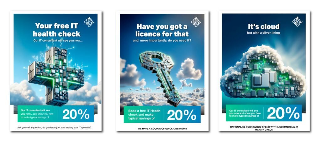 FinOps for IT email marketing campaign emails displayed together showing a plus symbol, key, and cloud floating in the sky made from microchips and computer hardware