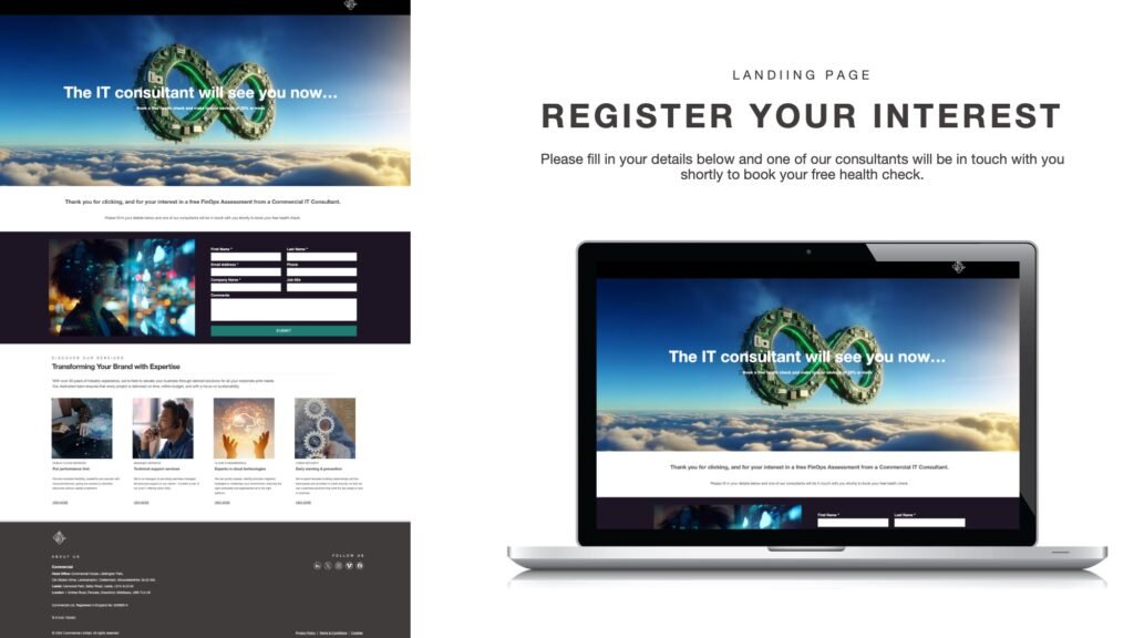 FinOps for IT campaign landing page mockup with the hero image of an infinity symbol floating in the sky made from pieces of computer hardware