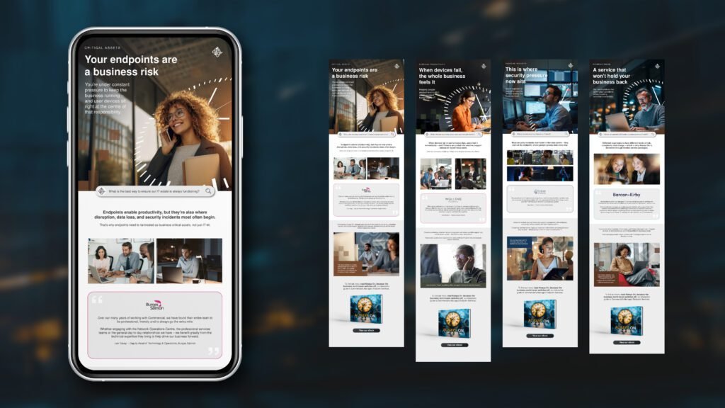Managed user device campaign emails mockup on a mobile phone displaying a 4-week campaign automation