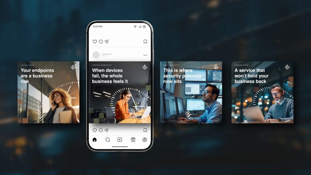 Managed user device campaign social posts, mockup of motion graphics featuring employees with devices