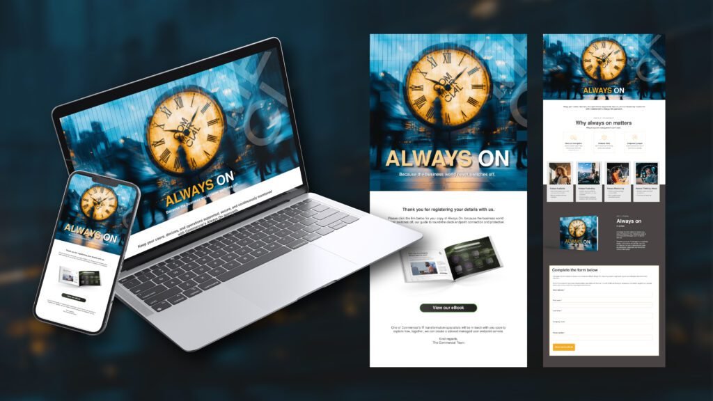 Managed user device campaign landing page and automated email mockup featuring the hero image of the Commercial logo on a large clock on a blue building with people moving in the foreground