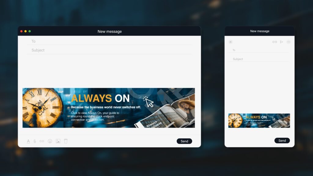 Managed user device campaign email banner mockup with an image of a large clock face including the Commercial logo