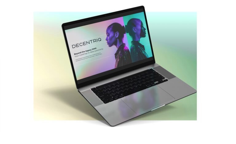 Beyond the legacy DMP eBook mockup on a laptop at an angle with shadow and a colourful background by Livings Design