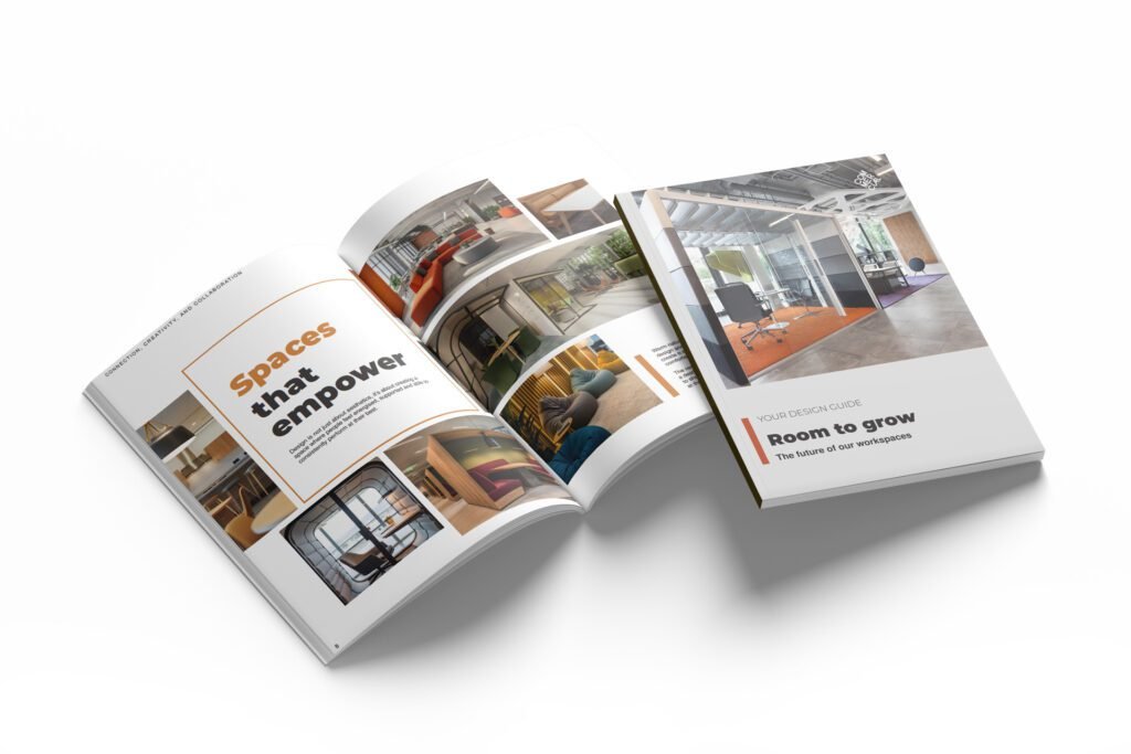 A 3D mockup of an A4 book called Room to Grow - The Future of our workspaces about Interior design