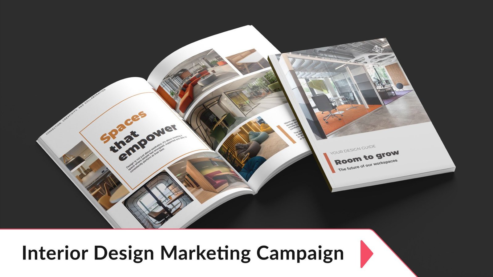 A 3D mockup of an A4 book called Room to Grow - The Future of our workspaces about Interior design services by Chesterfield based graphic designer