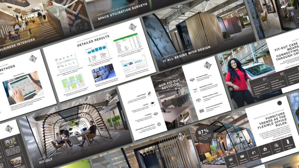 Interiors Slide Deck Mockup showing a selection of slides at an angle with a 3D effect
