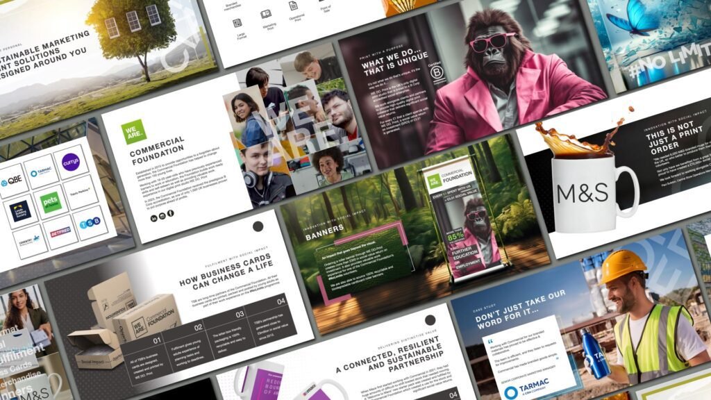 Corporate Print Slide Deck Mockup of a variety of slides displayed at an angle with shadowing effect