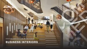 Business Interiors - Creating Destinations of The Future slide for stakeholder reviews featuring an interior photograph from the University of Oxford