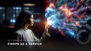 FinOps as a service slide deck presentation about FinOps services cover featuring a woman reaching out into cloud data that is multi-coloured and active