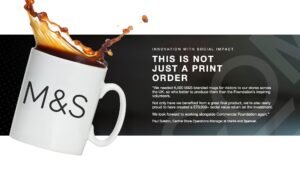 M&S Case Study slide for client-facing presentations and stakeholder review featuring a falling cup of coffee
