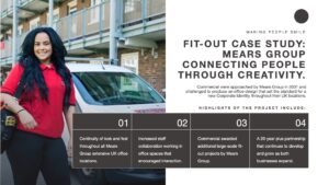 Mears Case Study slide for stakeholder reviews with an image of an emplyee by a company vehicle
