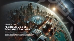 Flexible Model: Scalable Savings slide deck presentation about FinOps services featuring an image of Earth with large buildings on a motherboard