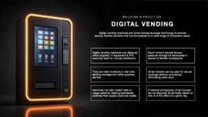 Digital Vending slide featuring a neon glowing digital vending machine with an interactive interface