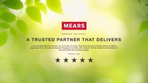 Mears Testimonial slide for stakeholder reviews with a leafy green background