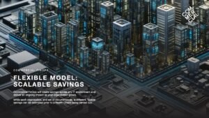 Flexible Model: Scalable Savings slide deck presentation about FinOps services featuring an image of a miniature city on a microchip motherboard