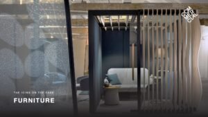 Furniture slide for stakeholder reviews displaying office pod workspaces