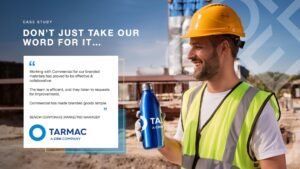 Tarmac Case Study slide for client-facing presentations and stakeholder review with a construction employee drinking from a blue reusable bottle wearing PPE