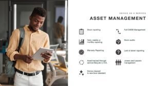 Asset Management slide from the DaaS presentation featuring an image of a a male with a backpack on holding a tablet and smiling