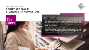 Point of Sale Signage Innovation slide for client-facing presentations and stakeholder review featuring an image of a woman in a shop looking at colour swatches