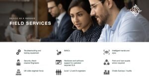 Field Services slide from the DaaS presentation showing employees working together at a desk