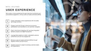 User Experience slide featuring a woman using an interactive touch screen in a shopping centre