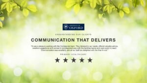 University of Oxford Testimonial slide for stakeholder reviews with a background of bright green foliage