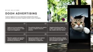 DOOH Advertising slide showing an image of an outdoor screen with a 3D effect image of a cute cat climbing out of the screen