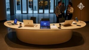 Technology Hub Mockup slide from the DaaS presentation with a curved ergonomic desk and devices on top