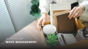 Move Management slide for stakeholder reviews showing an image of desk related items in a box ready to be moved
