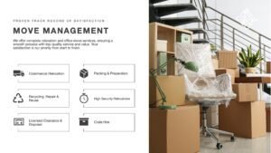 Move Management slide for stakeholder reviews featuring an image of work related items ready to be moved in packaging