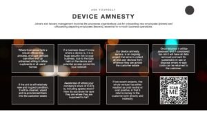 Device Amnesty slide from the DaaS presentation with a dark bokeh background