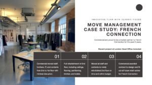 French Connection Case Study slide for stakeholder reviews with an in-store image of a modern clothing store