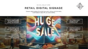 Retail Digital Signage slide with an image of a large in-store screen promoting a huge sale