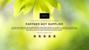 French Connection Testimonial slide for stakeholder reviews with a green foliage background