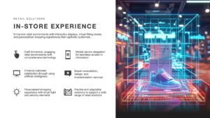 In-Store Experience slide with an image of a holographic shoe inside a virtual secure box