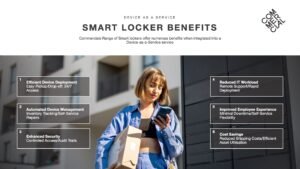 Smart Locker Benefits slide from the DaaS presentation featuring a woman using a smart locker outside and holding a parcel