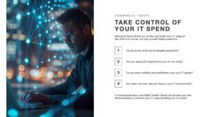Take control of your IT spend slide deck presentation about FinOps services with an image of a male at work wearing glasses and digital data surrounding him