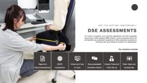 DSE Assessments slide for stakeholder reviews regarding work positions at a desk at home and the office
