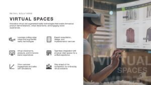 Virtual Spaces slide showing a customer at home using virtual reality headset to shop for clothes online