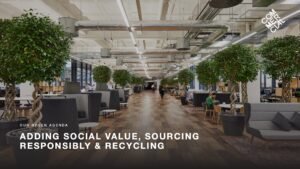 Adding Social Value, Sourcing Responsibly & Recycling side featuring an image of a green modern office with wooden flooring