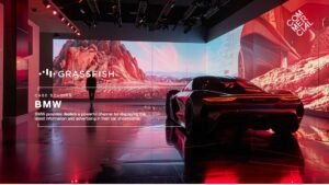 BMW Case Study slide featuring a full image of a sports car in a red showroom with immersive screens on the walls