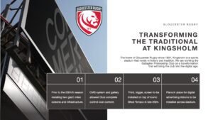 Gloucester Rugby Case Study slide with a mockup of the Commercial logo on a big screen at the stadium