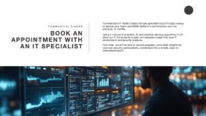Book an appointment with an IT specialist slide deck presentation about FinOps services showing a male at work using large screen and a lot of data
