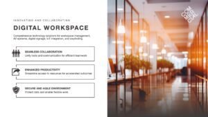 Digital Workspace slide featuring a blurred office picture with warm lighting at sunrise or sunset