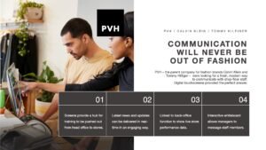 PVH Case Study slide showing two retail employees working at a desk looking at a computer screen