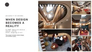 University of Oxford Beecroft Case Study slide for stakeholder reviews showing 5 photos from the project