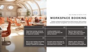 Workspace Booking slide showing an image of a futuristic workspace with orange seating and large curved windows