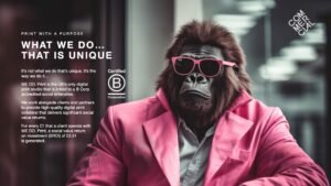 What We Do... That Is Unique slide for client-facing presentations and stakeholder review featuring a realistic image of a gorilla in a pink suit wearing sunglasses