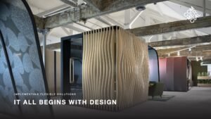 It All Begins With Design slide for stakeholder reviews with an image of a modern office pod with wooden panelling on the exterior