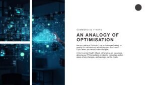 An analogy of optimisation slide deck presentation about FinOps services with a displaced image in 3 parts of a person reaching out into cloud data